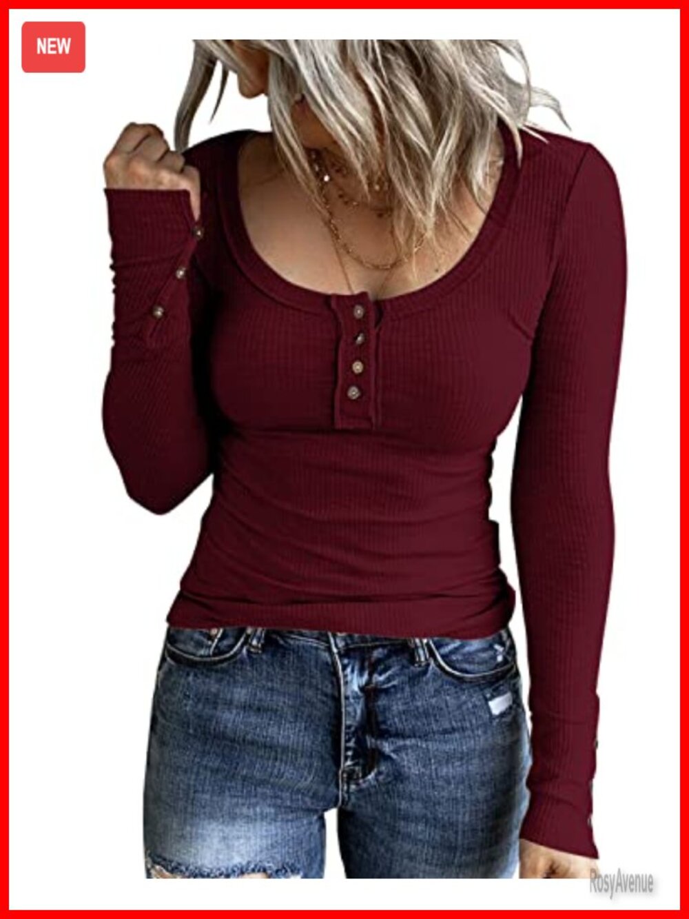 Women's Long Sleeve Henley Tunic Top Scoop Neck Slim Fit Ribbed Knit
